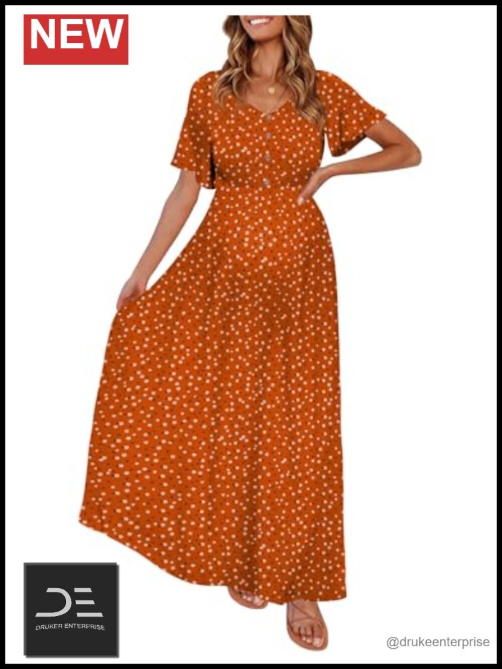 Peauty Maternity Maxi Dress Ruffled Sleeve Button V-Neck Postpartum Rayon
